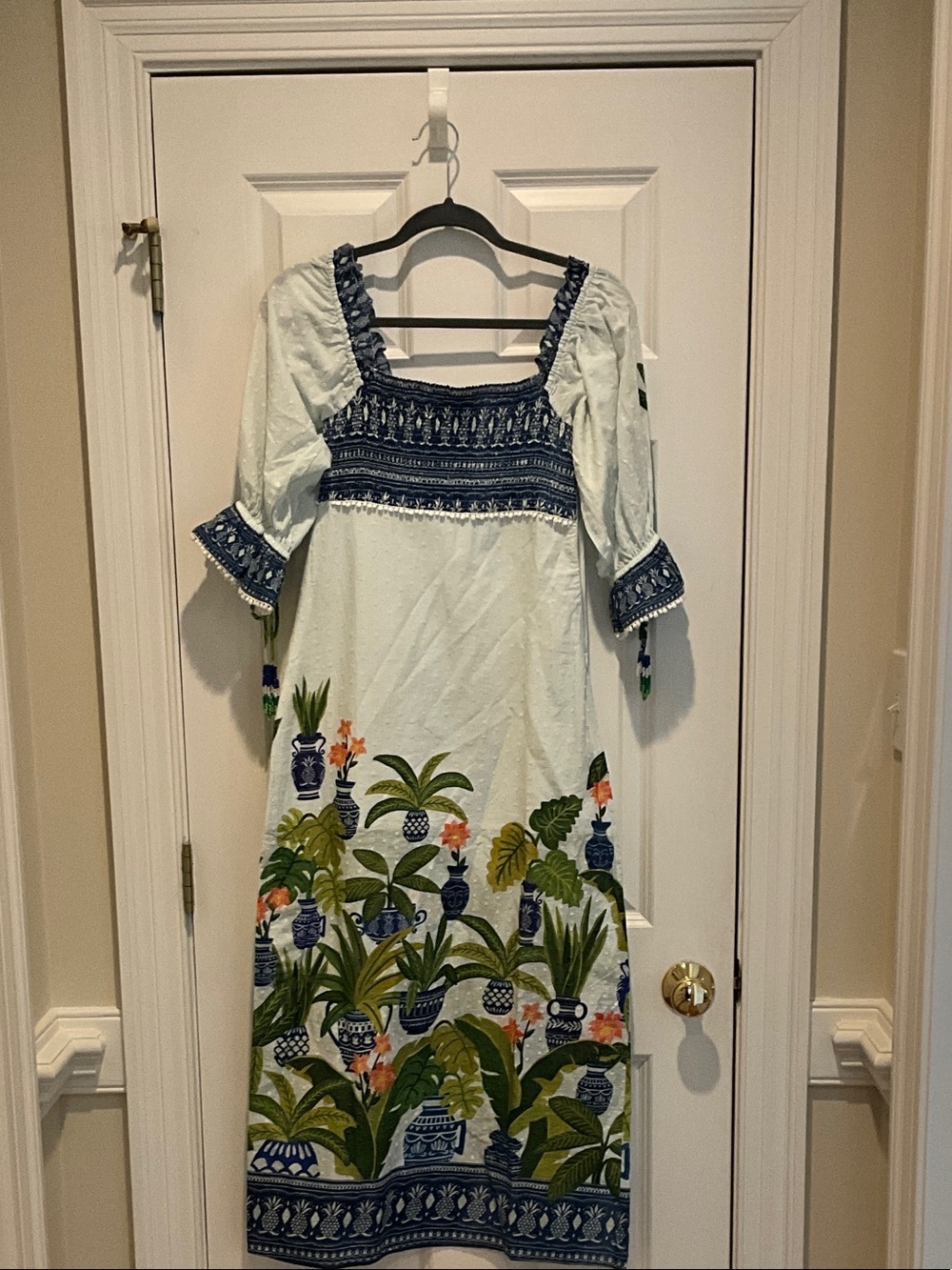 FARM Rio White Maxi Dress with Blue Embroidery and Green Botanical Print